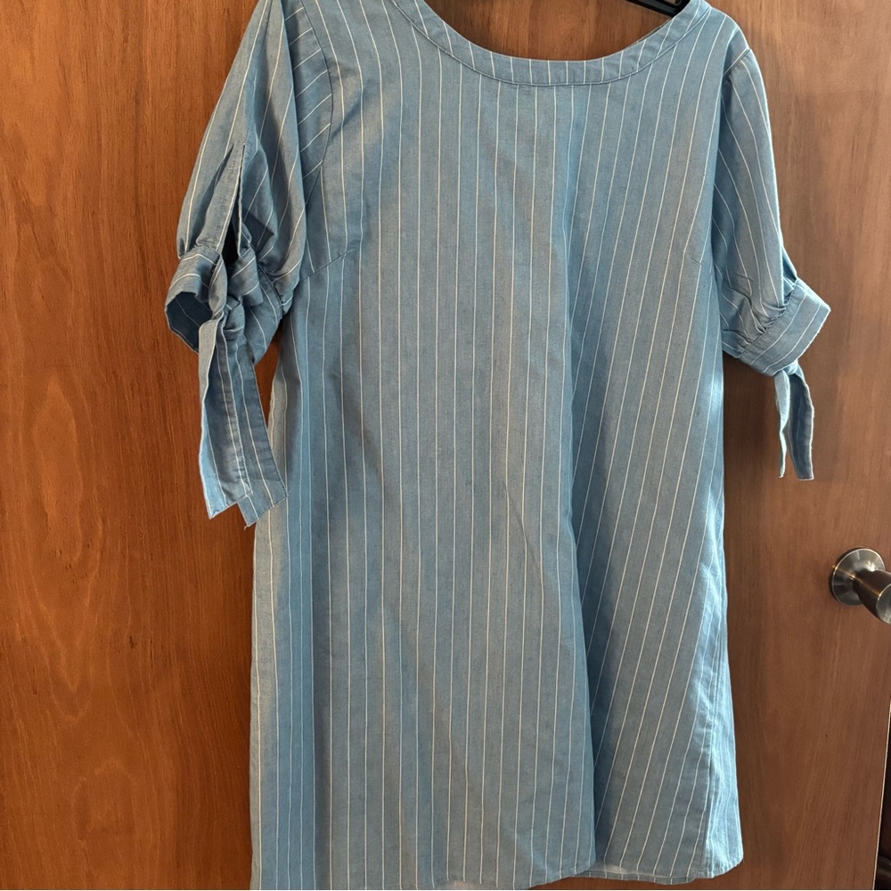 Kori Blue and White Striped Dress with Tie Sleeves